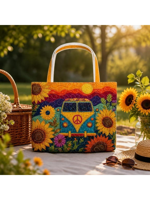 Hippie Van Quilted Tote Bag, Retro Sunflower Peace Sign Carryall, Groovy Boho Camper Gift