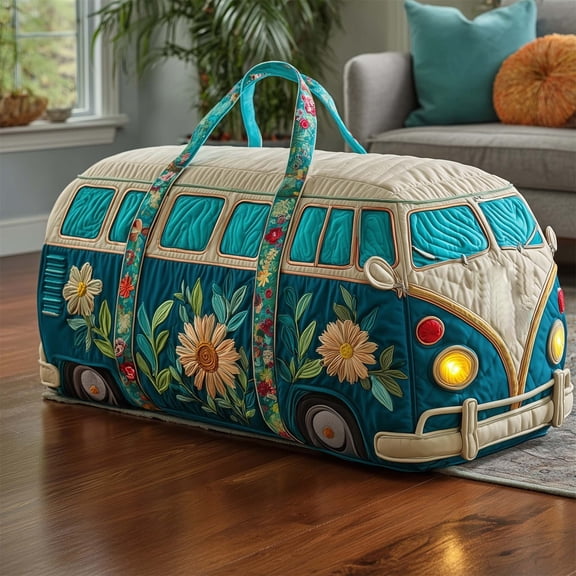 Hippie Van Quilted Week Travel Bag, Boho Vintage Floral Duffle Bag for Women, Gym Overnight Tote