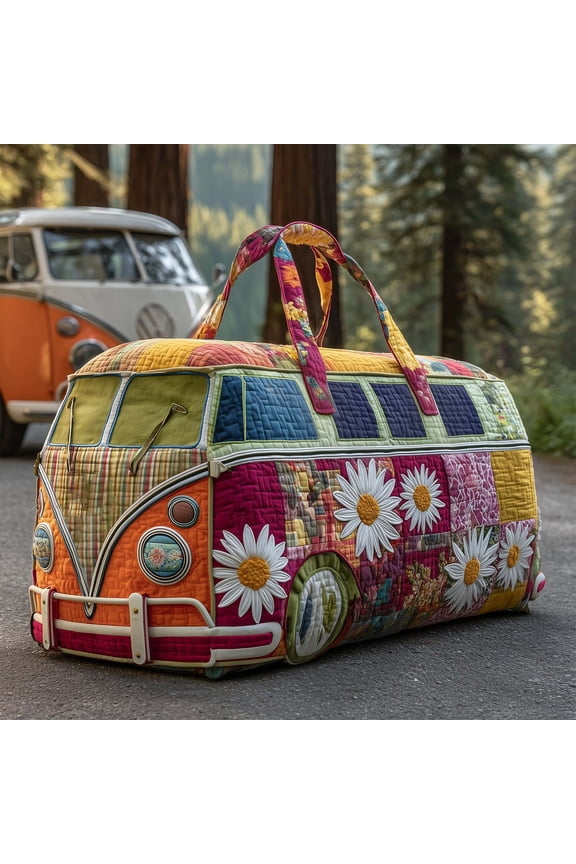 Hippie Van Quilted Week Travel Duffle Bag, Boho Retro Floral Overnight Carryall