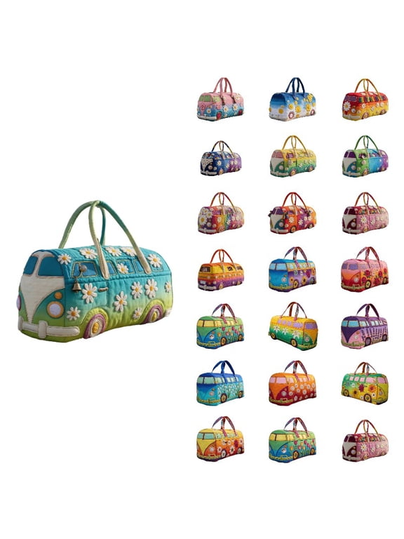 Hippie Van Quilted Weekender Duffle Bag, Boho Vintage Floral Travel Carry On Bag with Strap for Gym Yoga Weekend Trip