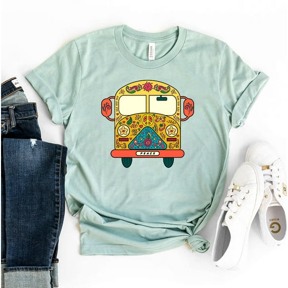 Hippie Van T-shirt Peace Shirt Happy Camper Gift Retro Top Travel Shirts Boho Tee Women Classic Bus Vacation Time Friends Soul Novelty Vacay Mode