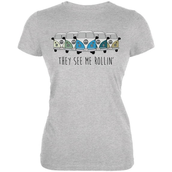 Hippie Van They See Me Rollin' Bus Camper Juniors Soft T Shirt Heather SM