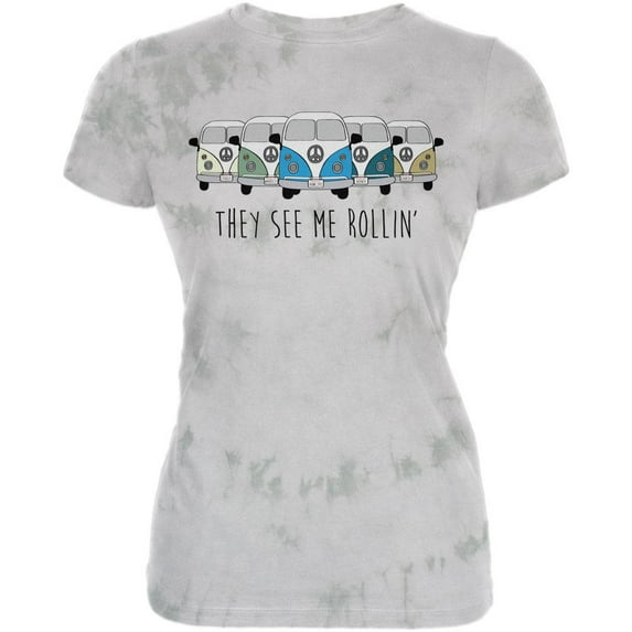 Hippie Van They See Me Rollin' Bus Camper Juniors Soft T Shirt Soft Green Triblend SM