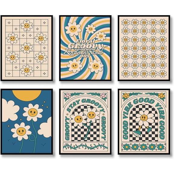 Hippie Wall Art Retro Floral Prints Set of 6 Hippie Flower Canvas Vintage Posters Aesthetic Abstract Happy Face Pictures Boho Positive Photos for Living room Bedroom Decoration 8x10 inch Unframed