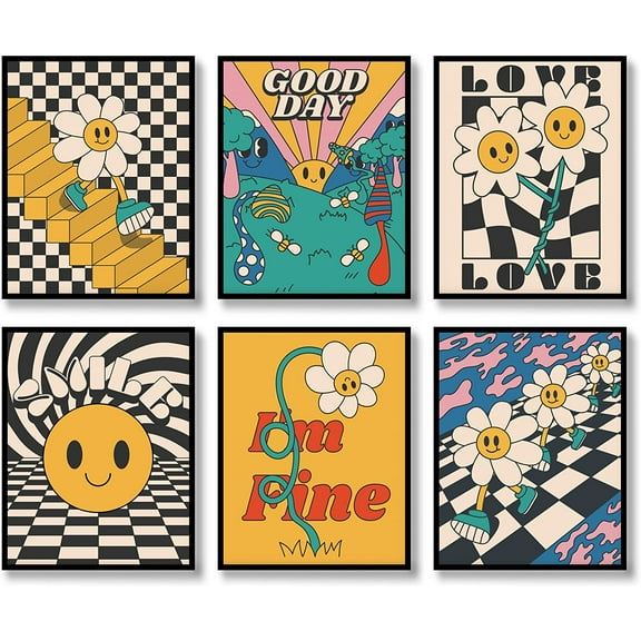 Hippie Wall Art Vintage Wall Decor Prints Set of 6 Hippie Flower Canvas 60s 70s Retro Posters Abstract Minimalist Happy Face Photos Boho Pictures for Living room Bedroom (C, 8"x10" UNFRAMED)