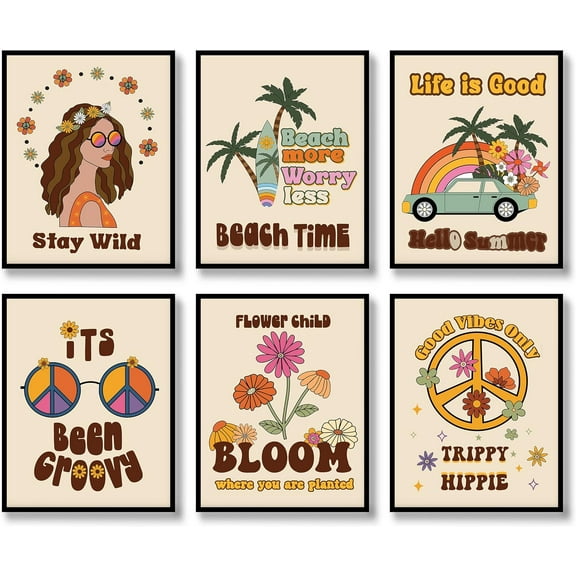 Hippie Wall Art Vintage Wall Decor Prints Set of 6 Hippie Flower Canvas 60s 70s Retro Posters Abstract Minimalist Happy Face Photos Boho Pictures for Living room Bedroom (G, 8"x10" UNFRAMED)