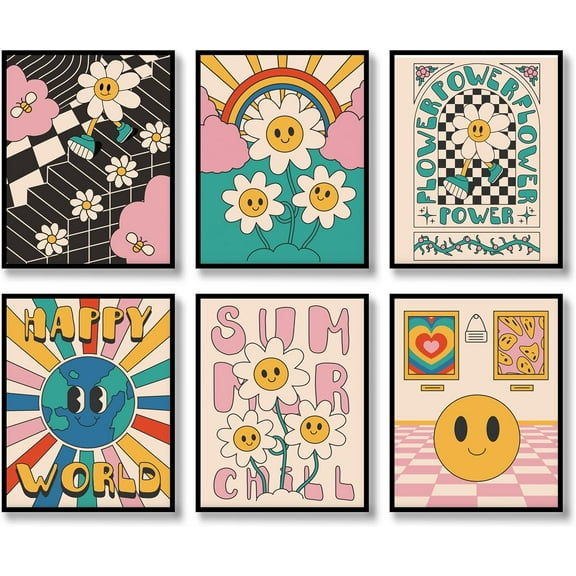 Hippie Wall Art Vintage Wall Decor Prints Set of 6 Hippie Flower Canvas 60s 70s Retro Posters Abstract Minimalist Happy Face Photos Boho Pictures for Living room Bedroom (8X10inch UNFRAMED)