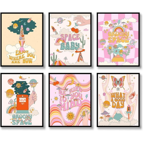 Hippie Wall Art Vintage Wall Decor Prints Set of 6 Hippie Flower Canvas 60s 70s Retro Posters Abstract Minimalist Happy Face Pictures Boho Inspirational Photos for Living room Bedroom (H, 8"x10"