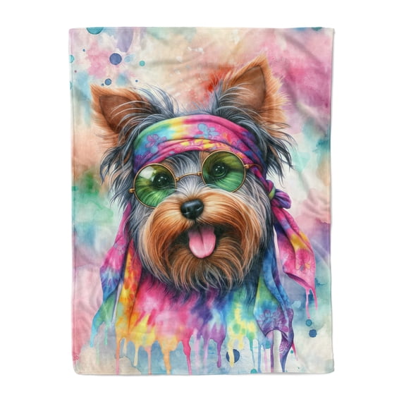 Hippie Yorkshire Terrier Portrait Watercolor Tie-Dye Vintage Styles Cozy Fleece Blanket Yorkie Dog Lover Gifts Warm Soft Throw Blanket - 00014