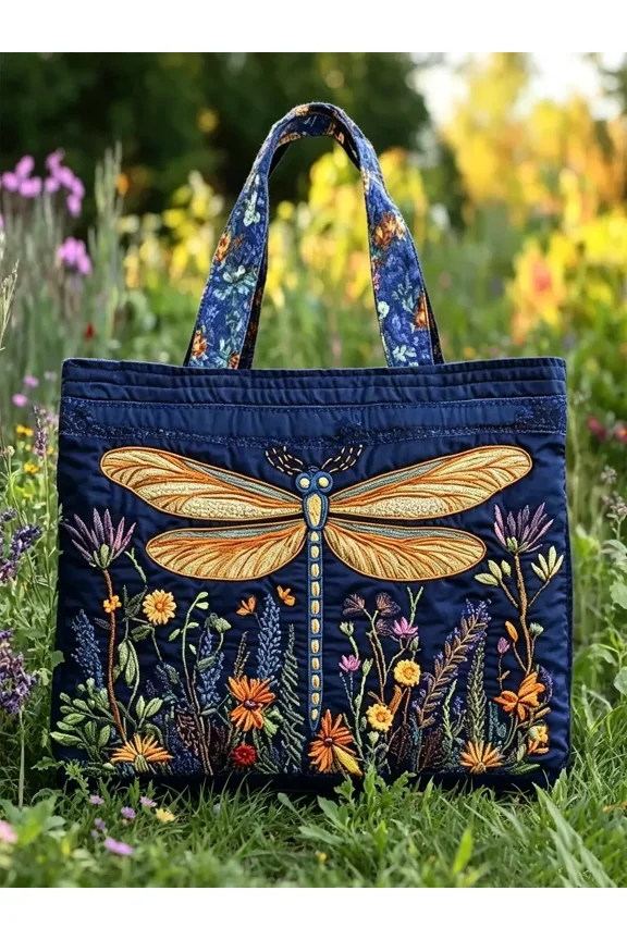 Hippie Zen Dragonfly Wildflowers Pattern Quilted Tote Bag