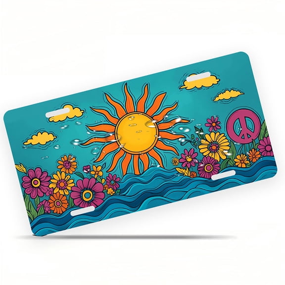 Hippie style Sun and Flowers Funny Personalized License Plate Rust-proof Stainless Steel Metal License Plate Suitable For Men And Women 12.2" x 6.2"