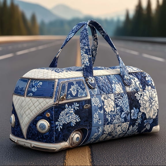 Hippie van quilted duffle bag, Hippie journey quilted duffle bag, suitable for everyday travel, with comfortable handles, vintage floral weekend travel bag