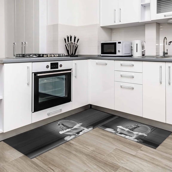 Hippo 2 Pieces Non-Slip Kitchen Mat Set Funny Animal Bathtub Abstract Art Grey Soft Door Mat with Rubber Backing,Dirtproof Rugs for Entrance Doorway 23.6x35.4in+23.6x70.9in