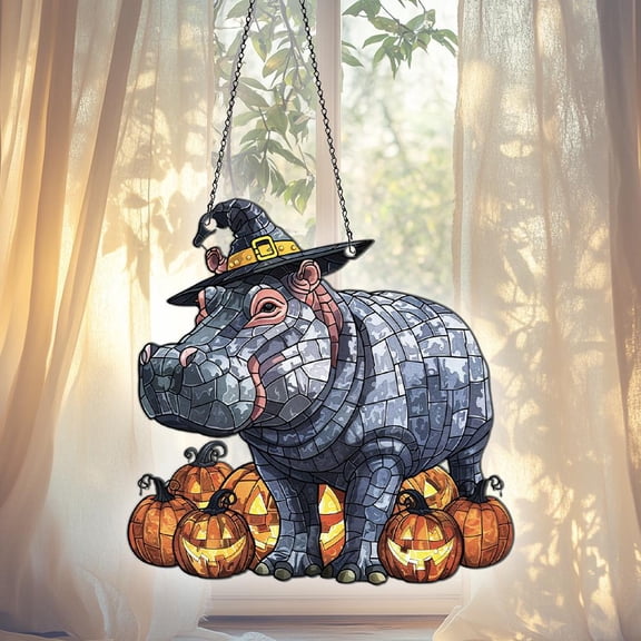 Hippo 2D Flat Acrylic Suncatcher Window Hanging, Hippo Decor Ornament, Halloween Gifts For Women Men, Hippo Lovers