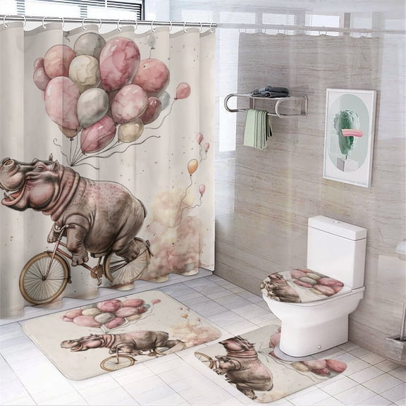 Hippo on A Bicycle with Balloons 4 Piece Bathroom Shower Curtain Sets Bath Mat U-Shaped Floor Mat Toilet Lid Oval Rug Cute Hippo Waterproof Personality Pattern Bath Curtain for Bathroom Decor Set