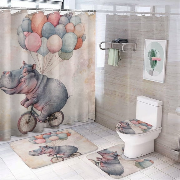 Hippo on A Bicycle with Balloons 4Pcs Shower Curtain Set with Rugs Bathroom Sets with Curtain Rug Toilet Cover And U Shaped Mat Watercolor Cartoon Hippo Waterproof Shower Curtain for Bathtub Decor