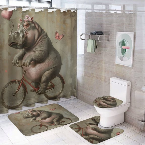 Hippo on Bicycle with Flowers 4 Pcs Shower Curtain Set with Rugs Include Waterproof Shower Curtain Non-Slip Rug Toilet Lid Cover Bath Mat Animals Wildlife Illustrations