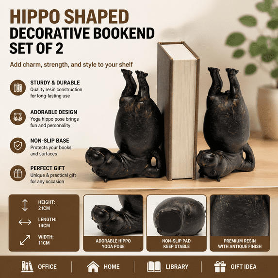 Hippo Bookend, Heavy Duty Resin Acrobatic Animal Book Stop with Modern Sculptural Design for Bookshelf, Office, Study and Home Decor,A#Brown