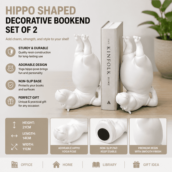 Hippo Bookend, Heavy Duty Resin Acrobatic Animal Book Stop with Modern Sculptural Design for Bookshelf, Office, Study and Home Decor,A#White