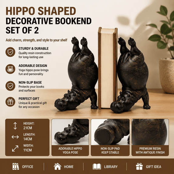 Hippo Bookend, Heavy Duty Resin Acrobatic Animal Book Stop with Modern Sculptural Design for Bookshelf, Office, Study and Home Decor,B#Brown