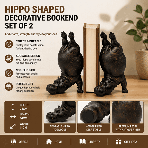 Hippo Bookend, Heavy Duty Resin Acrobatic Animal Book Stop with Modern Sculptural Design for Bookshelf, Office, Study and Home Decor,B#Brown