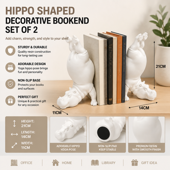 Hippo Bookend, Heavy Duty Resin Acrobatic Animal Book Stop with Modern Sculptural Design for Bookshelf, Office, Study and Home Decor,B#White