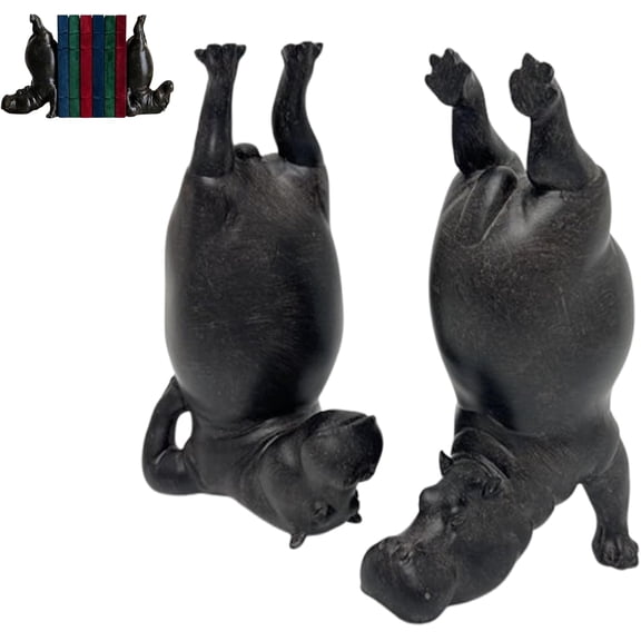 Hippo Bookends – Funny Resin Yoga Hippo Statue for Heavy Bookshelf Home Office Decor