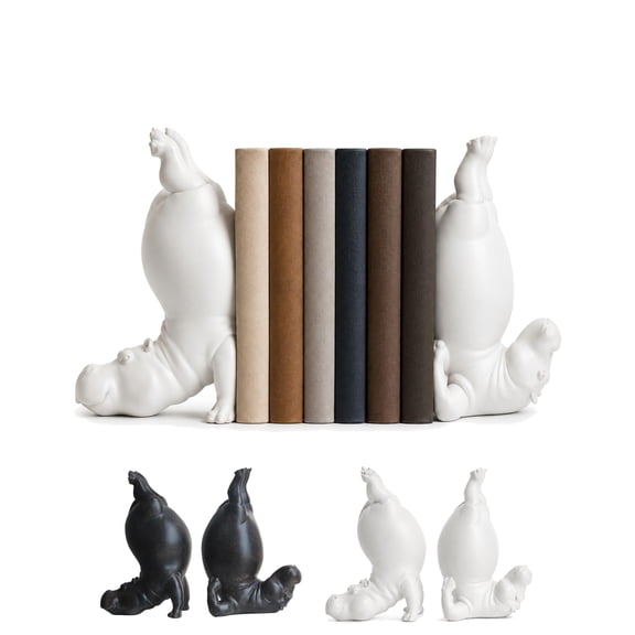 Hippo Bookends – Heavy Resin Acrobatic Book Holder for Bookshelf Desk Decor Use