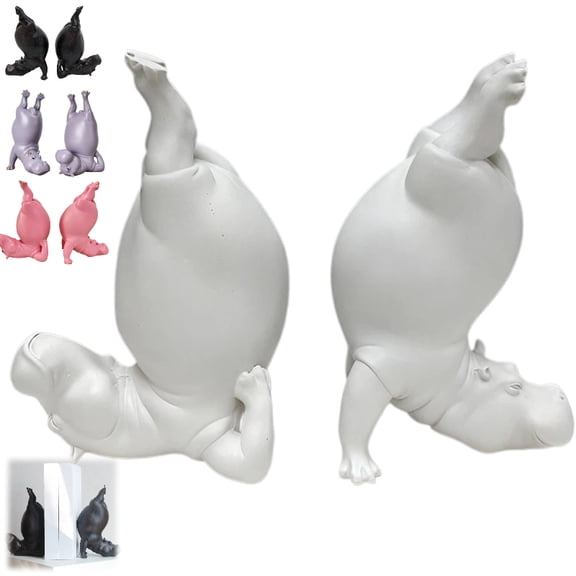 Hippo Bookends, Heavy Resin Acrobatic Hippo Book Ends, Creative Notebook Holder, Farmhouse Cool Modern Book Ornament for Various Books,white,2pcs