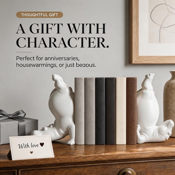 Hippo Bookends, Heavy Resin Acrobatic Hippo Bookends Ends Book Ornament Creative Hippo Notebook Holder Farmhouse Cool Modern Small for Various Types of Books (White, A)