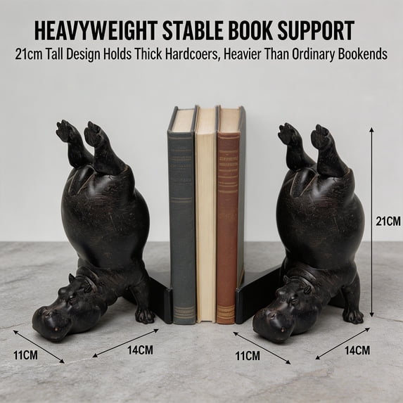 Hippo Bookends, Heavy Resin Animal Book Holders, Creative Yoga Hippo Statue — Resin Handstand Animal Figurine for Bookshelves, Desks, Offices, and Home Decor