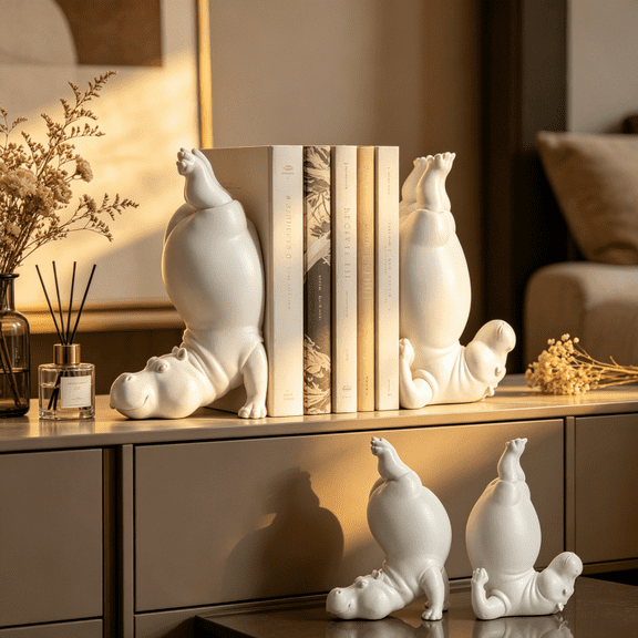 Hippo Bookends, Resin Hippo Book Holders with Unique Acrobat Pose, 10 Inch Tall Sturdy Bookends for Living Room, Office, Library and Study Room Decor 2PCS Hippo Bookends