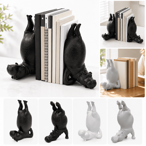 Hippo Bookends, Resin Hippopotamus Book Ends, Black White Animal Sculpture Book Holder, Yoga Hippo Statue Shelf Decor for Office Home Library Gift(1pcs)