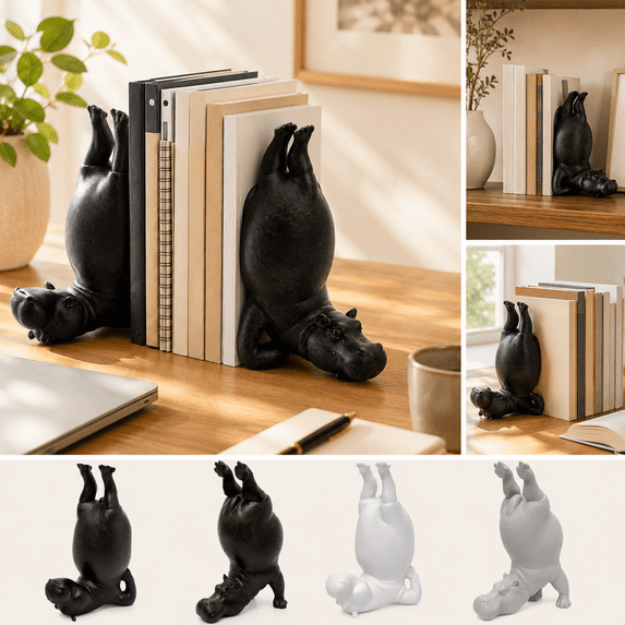 Hippo Bookends, Resin Hippopotamus Book Ends, Black White Animal Sculpture Book Holder, Yoga Hippo Statue Shelf Decor for Office Home Library Gift(1pcs)