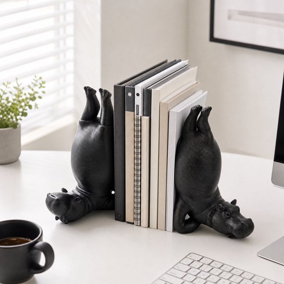 Hippo Bookends Set of 2, Funny Yoga Animal Book Ends, Heavy Duty Resin Book Holders for Shelves, Cute Black Desk Decor for Kids Room Office, Unique Gifts for Readers