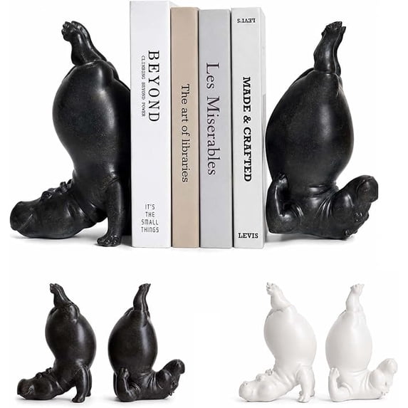 Hippo Bookends Single, Acrobatic Handstand Hippo Statue Book Holder, Black Resin Yoga Hippopotamus Book End for Bedroom Gym Shelf Storage, Cute Gift for Book Enthusiasts Style A