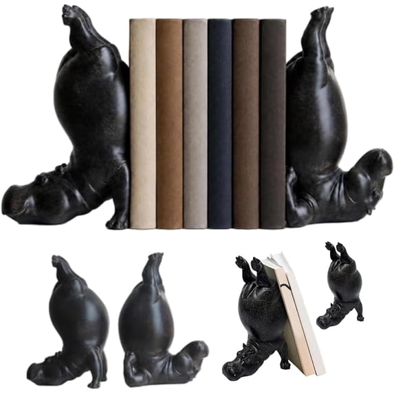 Hippo Bookends Single, Sturdy Resin Upside Down Hippo Book Holder, Whimsical Acrobat Hippopotamus Book End for Desktop Living Room Decor, Cute Reader Gift Black Style B