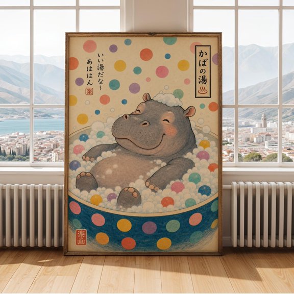 Hippo Bubble Bath Wall Art Print, Cream Teal Polka Dot Cartoon Bathroom Decor
