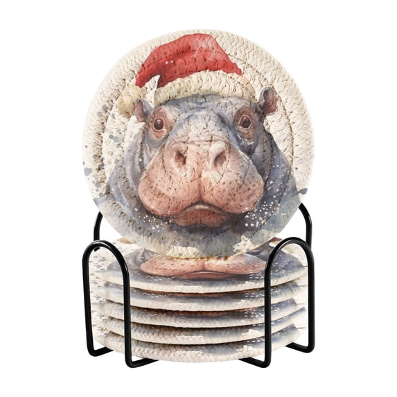 Hippo Christmas Hat 6 Pcs Drink Coasters with Holder Absorbent Coasters Woven Coasters for Drinks Table Desk Protection Home Decor