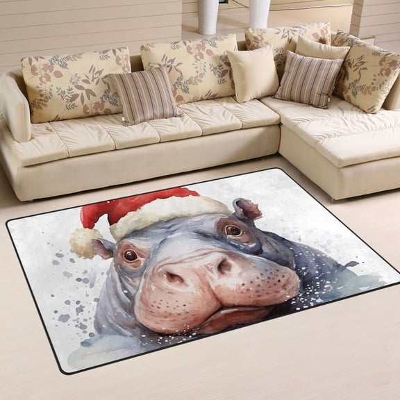 Hippo Christmas Hat Area Rug Washable Floor Carpet Mat 60 x 39 inch for Bedroom Living Room Kids Room Home Decor