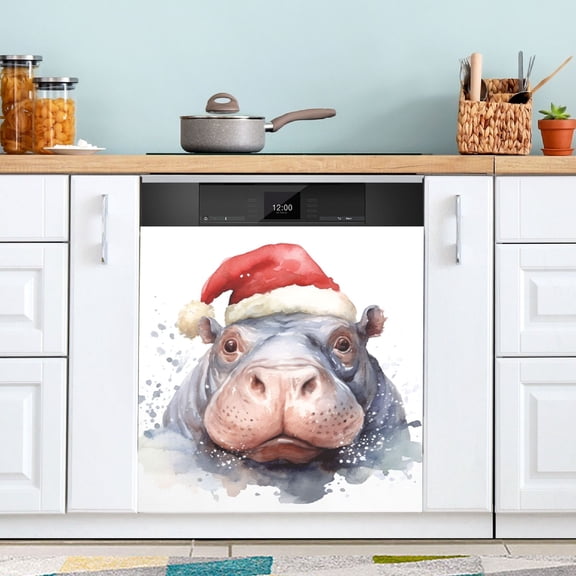 Hippo Christmas Hat Dishwasher Magnetic Covers Magnet Sticker Kitchen Decor Dishwasher Refrigerator Front Door Covers Decorative Magnetic 23" x 26"