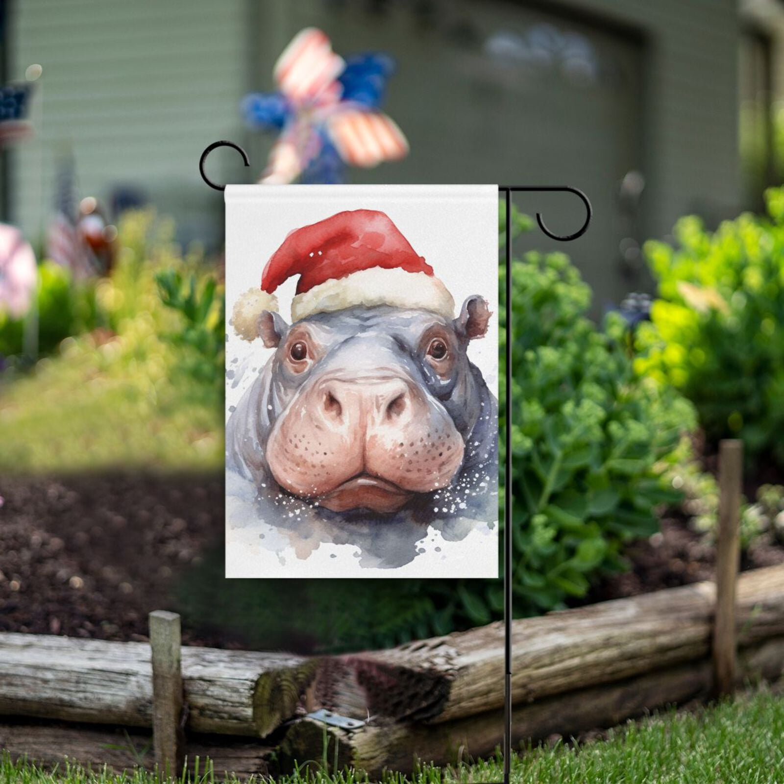 Hippo Christmas Hat Garden Flag Double Sided Outdoor Banners for