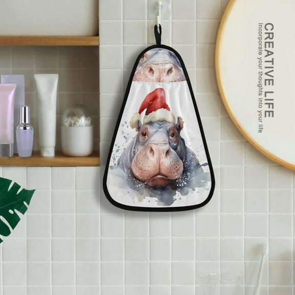 Hippo Christmas Hat Hanging Towel Kitchen Hand Towel Bathroom Absorbent Towel Machine Washable Quick Dry Dishcloths