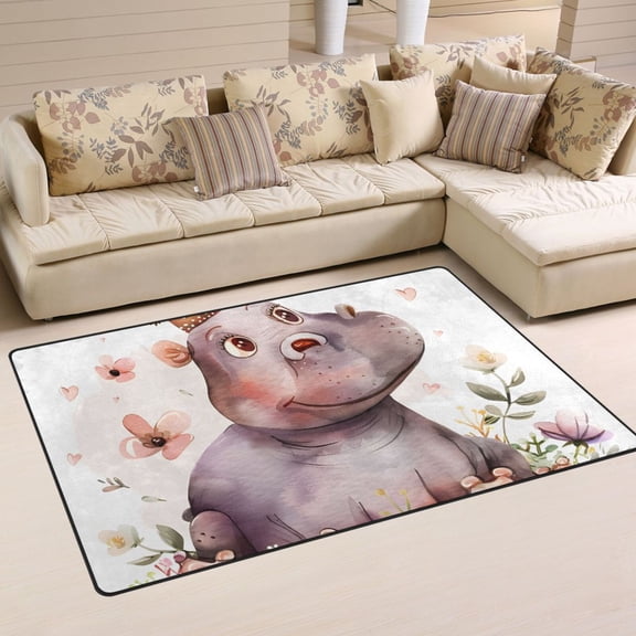 Hippo Crown Flowers Area Rug Washable Floor Carpet Mat 60 x 39 inch for Bedroom Living Room Kids Room Home Decor