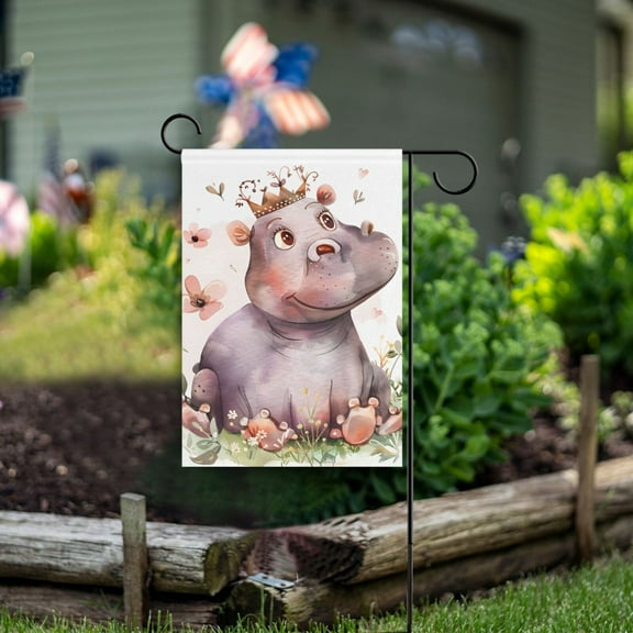 Hippo Crown Flowers Garden Flag Double Sided Outdoor Banners for Courtyard Outdoor Lawn Farmhouse Holiday Decorations