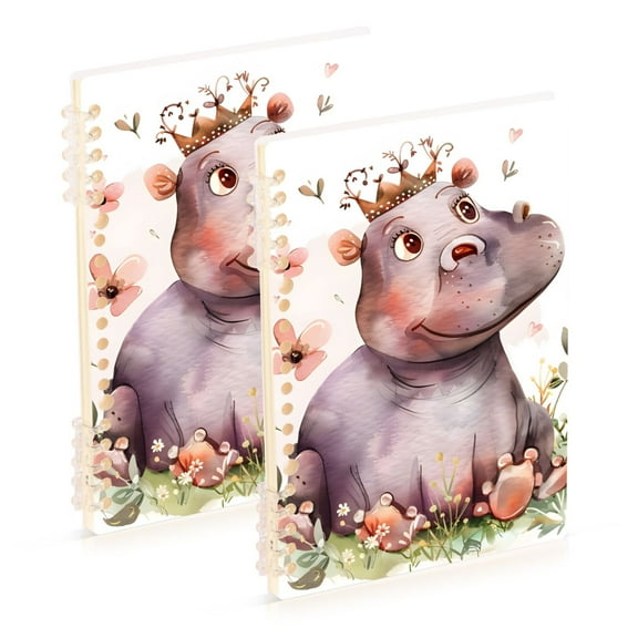Hippo Crown Flowers Ring Binder Notebook Journey Note Diary College Ruled Spiral Notebook Study Loose Leaf Paper A5 60 Pages