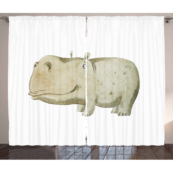 Ambesonne Hippo Curtains 2 Panel Set, Watercolor Style, 108" x 108", Pale Sage Green Sepia