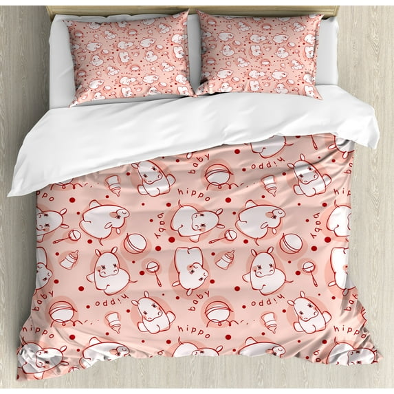 Hippo Duvet Cover Set, Hippo Pattern Wild Animal Funny Girls Boys Playroom Concept, Decorative 3 Piece Bedding Set with 2 Pillow Shams, Queen Size, White Coral Red, by Ambesonne