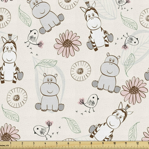 Hippo Fabric by the Yard, Background Themed Wildlife Animals and Flowers Petals Leaves Elements Print, Decorative Upholstery Fabric for Chairs & Home Accents, 1 Yard, Multicolor by Ambesonne