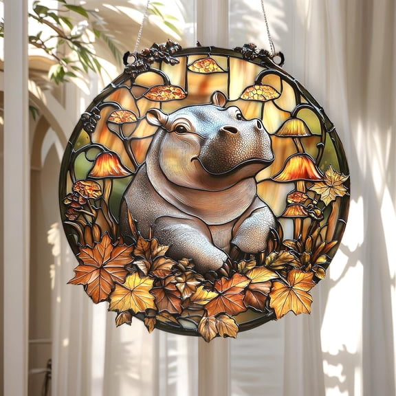 Hippo Fall 2D Flat Acrylic Suncatcher, Wavy Autumn Animal Window Hanging, Mushroom Maple Leaf Art Decor, Seasonal Home Gift